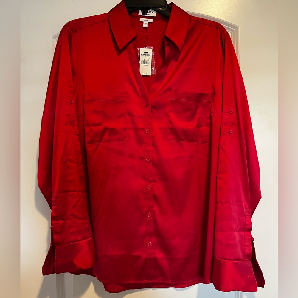 SOLD NEW! Express Portofino Shirt Button Down - Red Silk Satin - Size L Large
